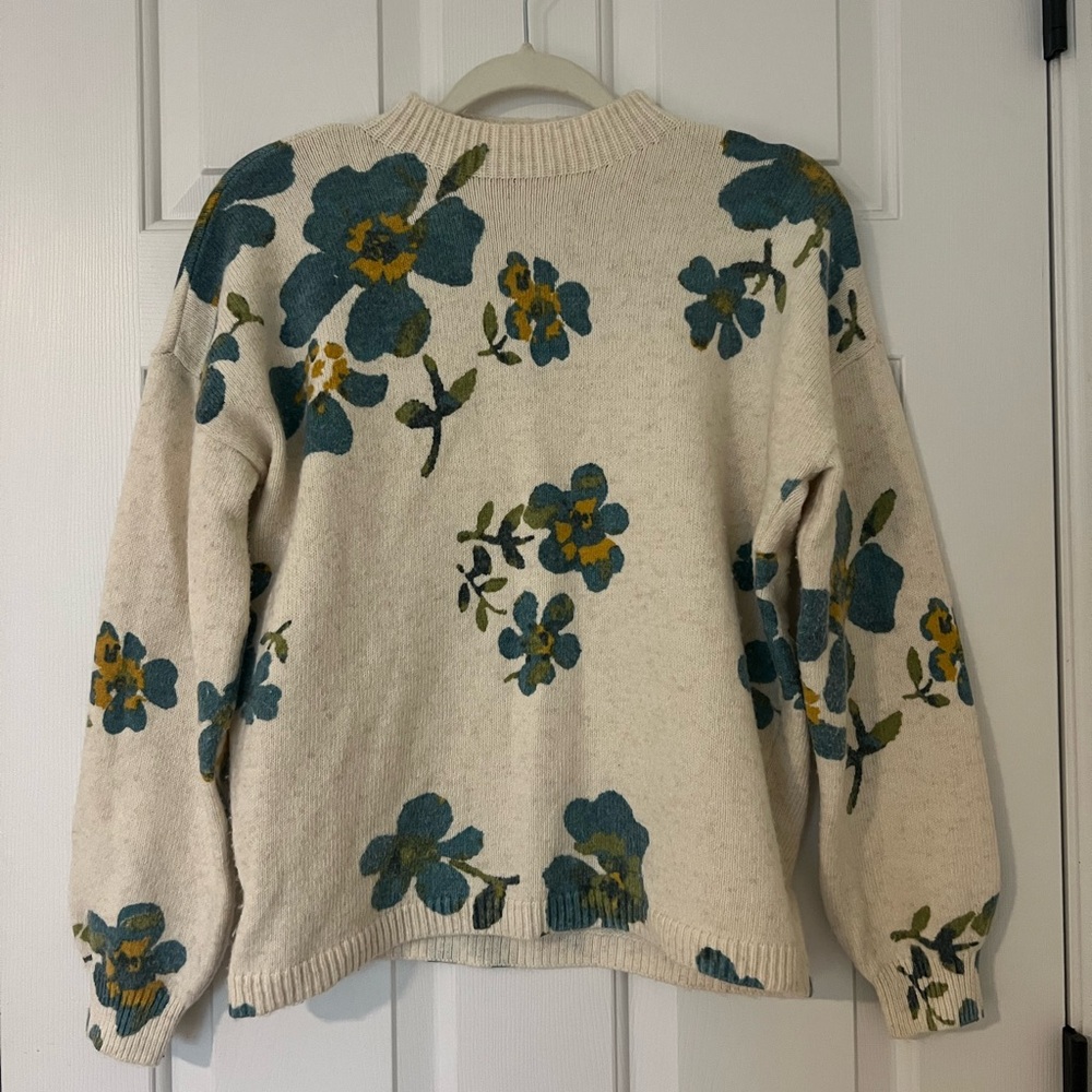 LOFT Cream Sweater with Blue Floral Design